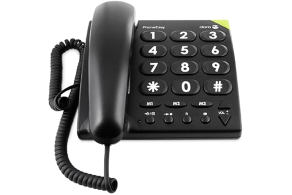 Doro  PhoneEasy 311c seniortelefon, sladdbunden stor knapp med optisk samtalssignal, direktvalsknappar, hörapparatkompatibel, hög samtalstelefon, svart