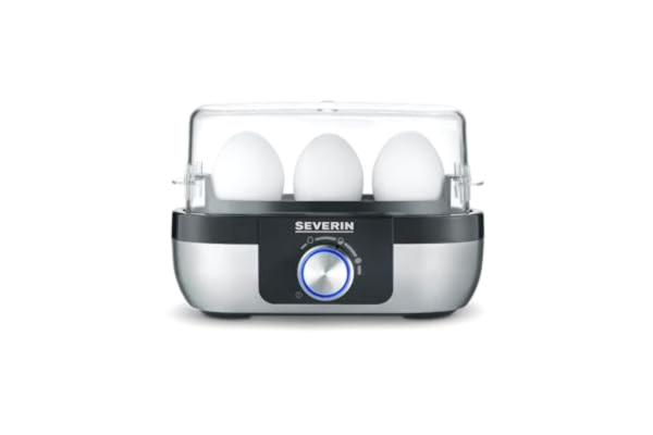 Severin SEVERIN Äggkokare för 3 ägg med elektronisk kontroll av tillagningstiden, inkl. mätbägare med äggpiroger, äggkokare för idealisk hårdhetsgrad, rostfritt stål borstat/svart, 300 W, EK 3163