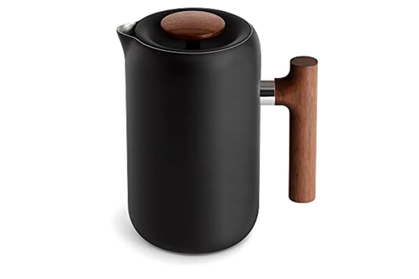 Fellow  Clara fransk presskaffebryggare – bärbar kaffepress i rostfritt stål, isolerad manuell bryggare, matt svart med valnöt, 680 ml karaff