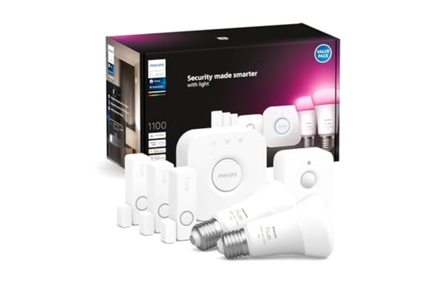 Philips  Hue Secure Start Kit - Smart glödlampa E27, White and Color Ambiance, 9W, 3 kontaktsensorer, rörelsesensor, Hue Bridge