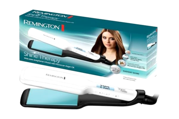 Remington  Plattång, högkvalitativ keramisk beläggning berikad med marockansk arganolja och vitamin E för mer glans, Temperaturer mellan 150–230°C, Shine Therapy S8550