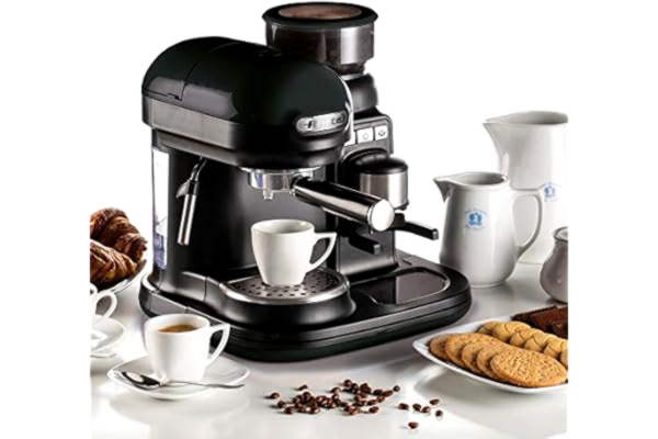 Ariete  1318B Moderna Espresso Machine, 15 Bar Pressure Pump, Barista Style Coffee Maker with Built in Grinder & Milk Frother, Ideal for Cappuccinos & Lattes, Black