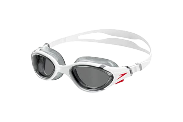 Speedo  Unisex Biofuse 2.0 simglasögon | Patenterad enkel justering | Anti-dimma | anti-läckage | Förbättrad passform | Förbättrad komfort, vit/röd/lätt rök, en storlek