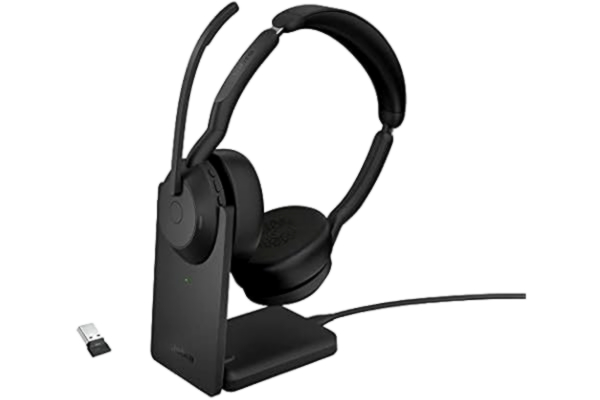 Jabra  Evolve2 55 trådlöst stereoheadset med laddningsstativ, Jabra Air Comfort-teknik, mikrofoner med brusreducering och ANC – fungerar med UC-plattformar som Zoom och Google Meet – svart