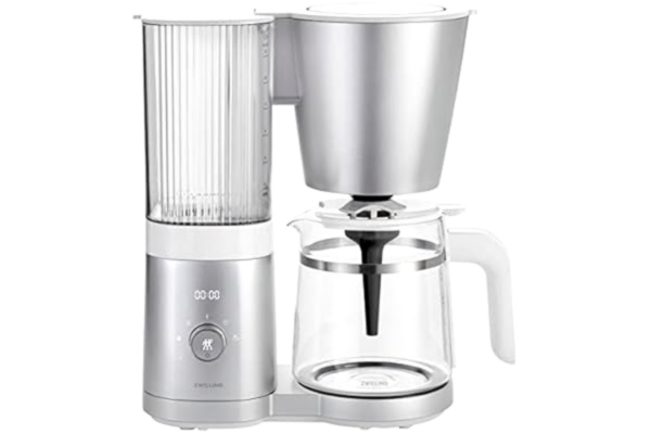 Zwilling ZWILLING ENFINIGY kaffebryggare med 1,5 l glaskanna, kaffebryggare med panna i rostfritt stål, blooming- och smart avkalkningsfunktion, plast, silver