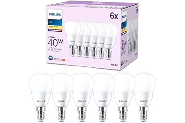 Philips  LED multipack: 4,9W (40W), P45, E14, Varmvitt 2700 Kelvin, Frostad plast, 470 lumen, Ej dimbar, 15000 timmar livslängd, 6 pack