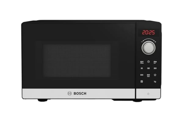 Bosch  FFL023MS2 serie 2 fristående mikrovågsugn, 26 x 44 cm, 800 W, roterande platta 27 cm, dörrstopp vänster, AutoPilot 7 med 7 automatiska program, rengöringsstöd, LED-pekskärm, rostfritt stål