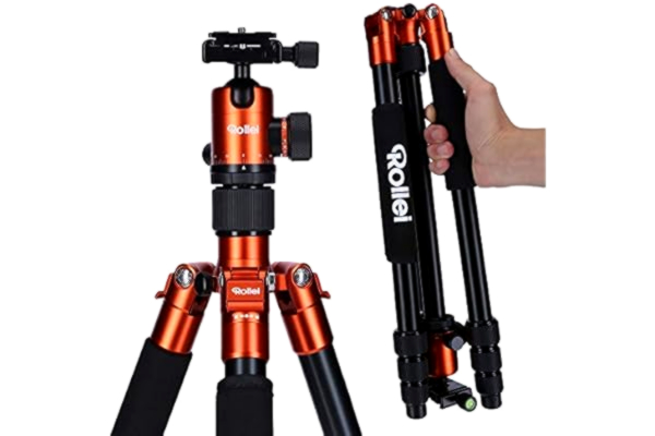 Fotopro Rollei C5I | Orange | lätt fotostativ i aluminium | resestativ med kulhuvud och stativväska | kan användas som makrostativ, monopod och ministativ | Arca Swiss snabbkopplingsplatta
