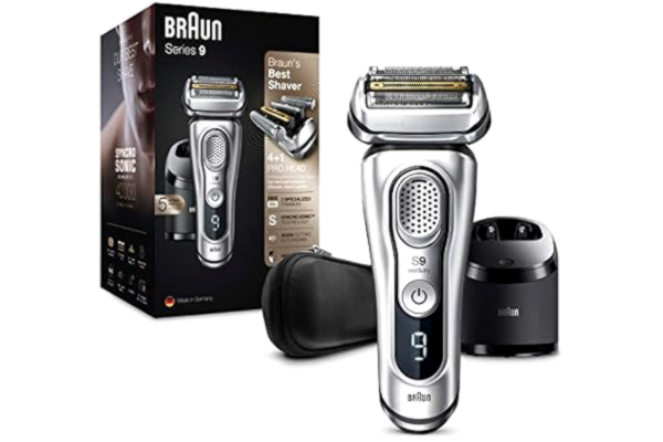 Braun  Rasoir électrique Series 9, avec station de nettoyage et de charge et étui en cuir, rasage impeccable, 100 % étanche, cadeaux pour hommes, prise de salle de bain à 2 broches, 9390 cc, argent