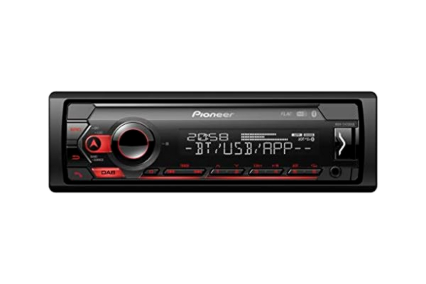 Pioneer  MVH-S420DAB, 1DIN bilstereo med DAB +, röd, tysk menynavigering, Bluetooth, USB, AUX ingång, iPod/iPhone direktkontroll, handsfree, Smart Sync