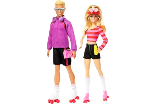 Barbie  Fashionistas-set med två modedockor och sex accessoarer, Barbie- och Ken-modedockor med rullskridskor, samlardockor för 65-årsjubileet, HXK90