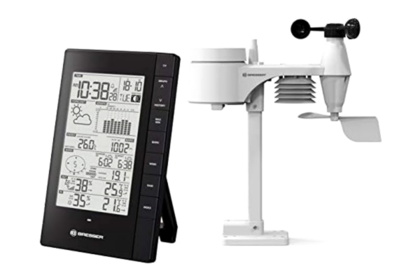 Bresser  7002571 stacja pogodowa 5 w 1, radiowa z czujnikiem zewnętrznym, do pomiaru temperatury, wilgotności powietrza, prędkości i kierunku wiatru, ciśnienia powietrza i opadów (deszczomierz)