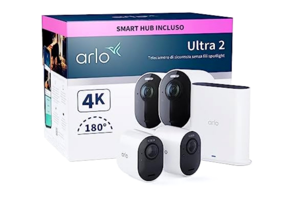 Arlo  Ultra 2 säkerhetskamera utomhus, 4K UHD, trådlös CCTV, 6 månaders batteri, färg nattvision, väderbeständig, ljus spotlight, 2-vägs ljud, 2-kamerakit, Arlo Secure Trial ingår, vit