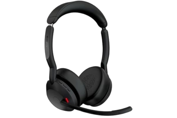 Jabra  Evolve2 55 trådlöst stereoheadset med laddningsstativ, Jabra Air Comfort-teknik, mikrofoner med brusreducering och ANC – fungerar med UC-plattformar som Zoom och Google Meet – svart