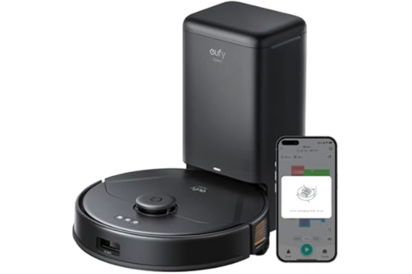 Eufy eufy Clean X8 Pro Robotic Vacuum-självtömningsstation, Twin-Turbine 2× 4 000 Pa kraftfullt sug, Active Detangling-rullborste och iPath-lasernavigering för djuprengöring av husdjurshår på mattan