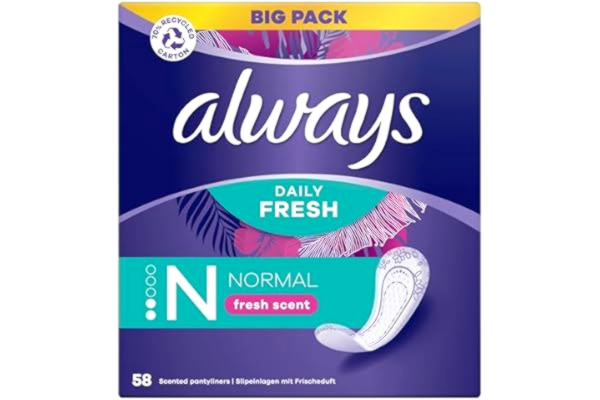 Always  Dailies Normal Fresh & Protect trosskydd 58 st, som andas, är flexibla och bekväma samt har en absorberande kärna