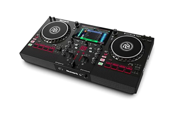 Numark  Mixstream Pro+ DJ Controller med Stamseparering, 2 Diskar, Wi-Fi-Streaming, Mixer, 7” Pekskärm, Högtalare, Fungerar Med Serato och Virtual DJ