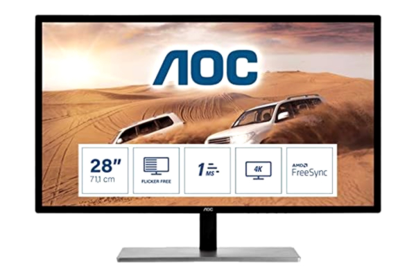 AOC  U2879VF - 28 Inch 4K UHD Monitor, 60Hz, 1ms, TN, AMD FreeSync, FlickerFree, (3840x2160 @ 60Hz, 300cd/m², HDMI/DP/VGA/DVI-D)