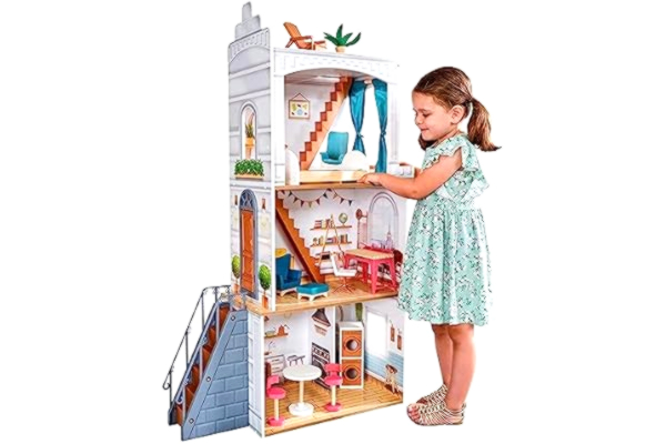 KidKraft  Rowan Dockhus i trä med möbler och tillbehör ingår, radhus lekset med takterrass för 30 cm/12 tum dockor, barnleksaker, 10238