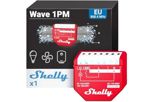 Shelly  Wave 1PM – Trådlös Z-Wave-strömbrytare 868,4 MHz, 1 kanal (16 A), Strömmätare, Fjärrstyrning av belysning & apparater, Z-Wave-gateway krävs