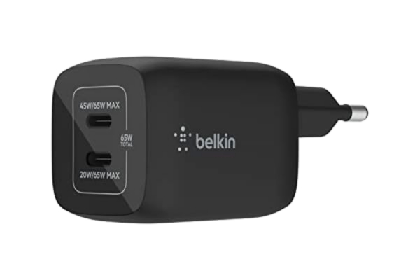 Belkin  65 W dubbel USB Type C väggladdare, snabbladdande Power Delivery 3.0 med GaN-teknik, USB C laddare för iPhone 15, 14, 13, 12, iPad Pro, MacBook, Galaxy S24, Pixel, Note, Sony, Tab och fler