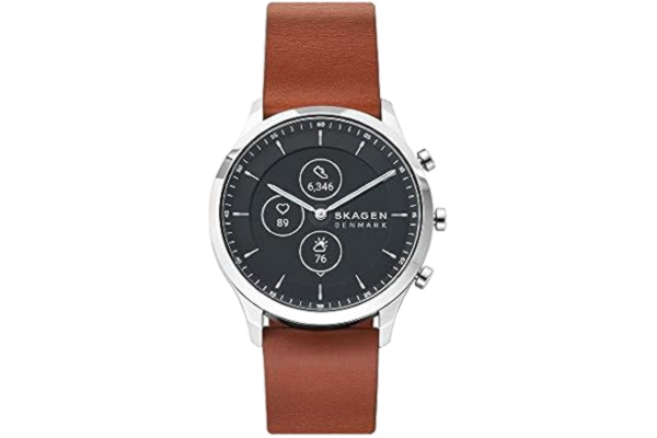 Skagen Montre connectée hybride HR 42 de Skagen pour homme en acier inoxydable argenté avec un bracelet en cuir brun, SKT3000