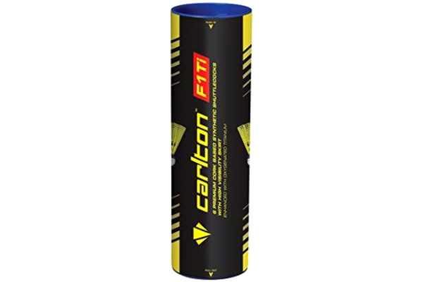 Carlton Sports Carlton Premium Badmintonball F1 TI gul – blå, medelsnabb (77 grains), för turnerings- och klubbspelare (1 x 6-burk)