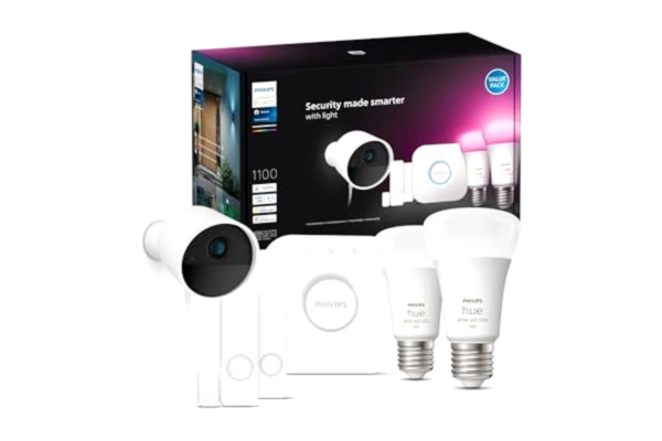 Philips  Hue Secure startkit med 1 Secure trådbunden kamera (vit), 2 Secure kontaktsensorer (vit), 2 White and Color Ambiance smarta ljuskällor E27, 1 Hue Bridge, kompatibel med Google och Alexa