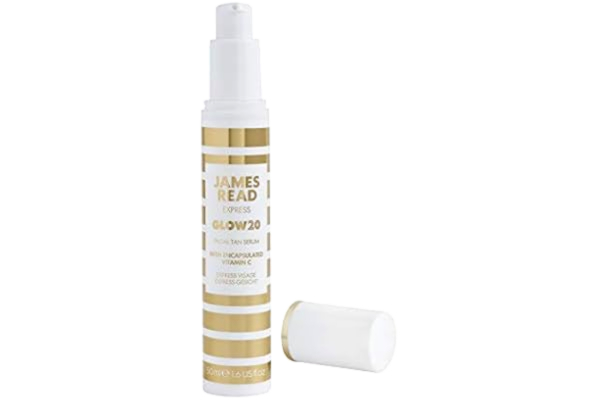 James Read JAMES READ Glow20 Express ansiktsbrunningsserum 50 ml ansiktssolbränning självbrun med C-vitamin och hyaluronsyra, färglös formel, resultat på 20 min, resevänlig, naturlig färg