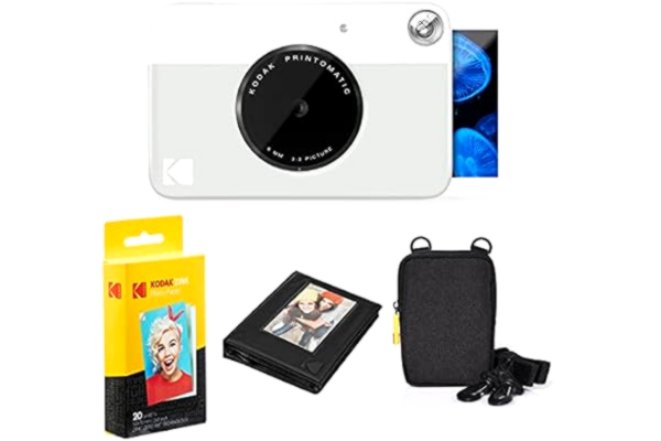 Kodak KODAK Printomatic instant camera (grijs) pakket + zinkpapier (20 vellen) etui + fotoalbum + ophangframe + comfortabele halsband