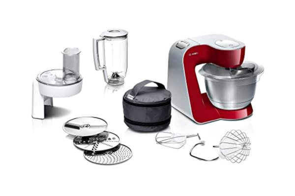 Bosch , MUM5 keukenmachine, 1000 Watt, kom met 3,9 l inhoud, rvs roergarde, klopgarde en kneedhaak, EasyArmLift, automatische parkeerstand, MUM58720, rood