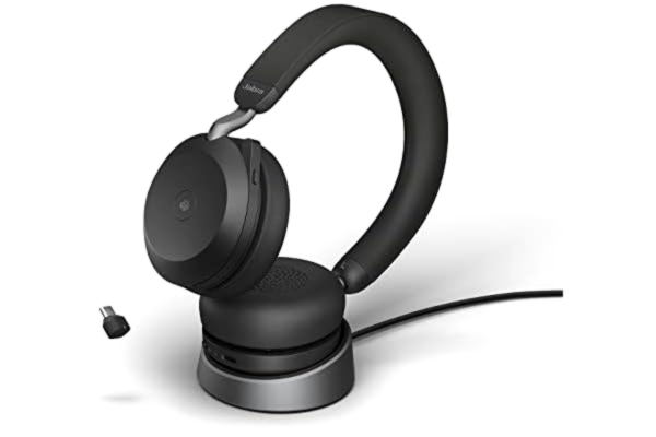 Jabra  Evolve2 75 trådlöst PC-headset med laddningsstation och 8 mikrofoner - stereohörlurar med dubbelt skum och avancerad aktiv bullerdämpning, USB-C Bluetooth-adapter och MS-kompatibilitet - svart