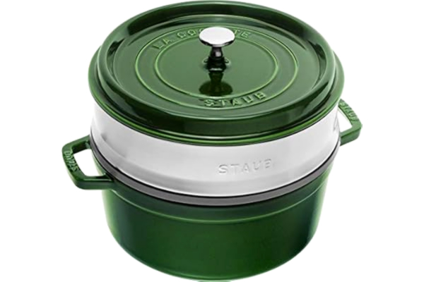Staub STAUB emaljerad gjutjärnsgryta/Cocotte, med ångkorg, Diameter: 26 cm, 5,2 l, med matt svart stek-emalj på insidan, basilika/grön