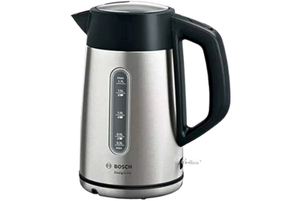 Bosch  DesignLine TWK4P440, hälla utan stänk, koppdisplay, vattennivåindikator, överhettningsskydd, 1,7 L, 2400 W, rostfritt stål/svart