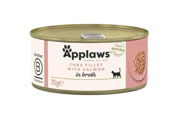 Applaws  100% naturlig våt kattmatburk, tonfiskfilé med lax i buljong 70 g burk (paket med 24)