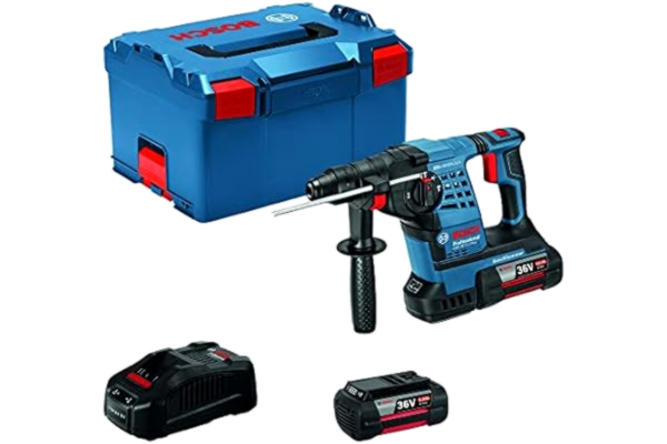 Bosch  Professional Akumulatorowy młot udarowo-obrotowy GBH 36 V-LI SDS-Plus (w zestawie dodatkowy uchwyt, ogranicznik głębokości, wkładka L-BOXX do urządzenia i ładowarki, szybkie ładowanie, 2 x akumulator GBA 36 V 6,0 Ah, w L-BOXX)
