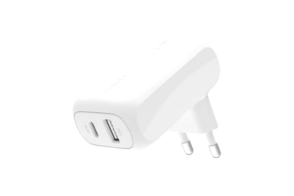 Belkin  BoostCharge 42 W väggladdare med två portar, USB-C + USB-A snabbladdning för iPhone 15, 15 Plus, 15 Pro Max, 14, 14 Pro Max, 13, Galaxy S24, S23, Plus, Ultra, iPad, AirPods, m.fl. - Vit
