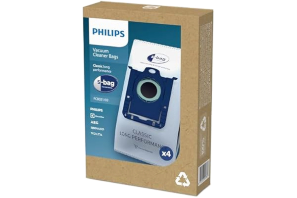 Philips  Dammsugarpåsar S-påse FC8021/03 - Längre livslängd än vanliga papperspåsar - Standard som passar alla - 4 x dammpåsar - Hög filtreringskapacitet - Hygieniskt stängningssystem