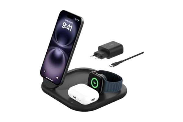 Belkin  BoostCharge 3-i-1 magnetisk hopfällbar Qi2-laddare 15 W - MagSafe-kompatibel laddare, för Apple iPhone 16, iPhone 15, 14, 13, 12, Apple Watch, AirPods, strömförsörjning medföljer - Svart