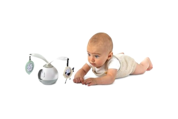Tiny Love  2-i-1 babymobil Tummy Time Musical Mobile, 2-i-1 musikalisk babymobil för magbar, 360° roterande babymobil med musik och ljus, 0 månader+, bärbar, 3 musik- och ljudlägen, svart och vit decor
