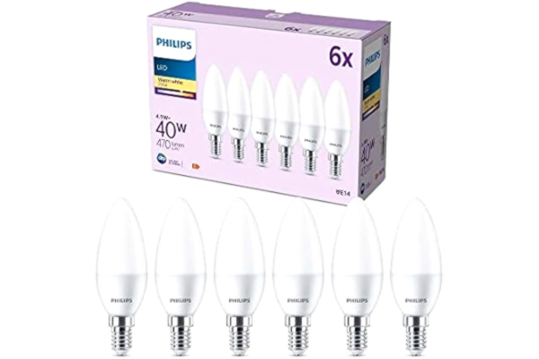 Philips  LED multipack: 4,9W (40W), B35, E14, Varmvitt 2700 Kelvin, Frostad plast, 470 lumen, Ej dimbar, 15000 timmar livslängd, 6 pack