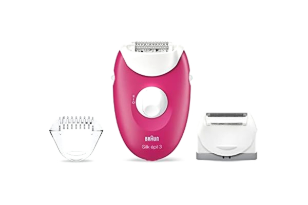 Braun  Silk-épil 3 Epilator for Long-Lasting Hair Removal, Shaver and Trimmer Head & Trimmer Comb, 20 Tweezer System, UK 2 Pin Plug, 3-410, White/Pink