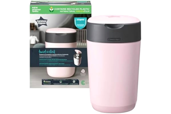 Tommee Tippee  Twist and Click Advanced Nappy Bin, Includes 1x Refill Cassette, Locks in Odours and Germs, Pink