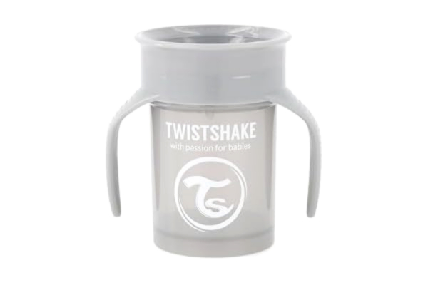 Twistshake  360 Cup Spillsäker Pipmugg 230ml, Dricka Kopp med Läckagesäker 360° Dryckeskant, Lärande Kopp med Lättgreppade Handtag, Från 6 Månader, BPA-Fri, Pastellgrå