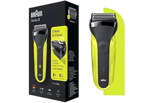 Braun  Series 3 300S Electric Shaver with 3 Flexible Blades, Rechargeable and Cordless, Electric Shaver with Washable Film, Black/Electric Green