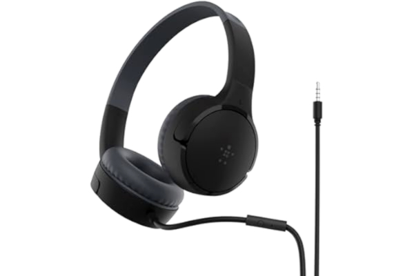 Belkin  SoundForm Mini kabelanslutna hörlurar för barn, utanpåliggande headset för barn med inbyggd mikrofon för online-utbildning, skola, resor, lek, för enheter med 3,5 mm anslutning - Svart