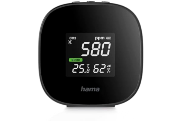 Hama  Luftkvalitetsmätare Safe (luftkvalitetsmätare rumsluft, mätanordning för luftfuktighet, CO2-ampel, koldioxidkniv, termometer, luftkvalitetsmonitor, luftmätare, med batteri) svart