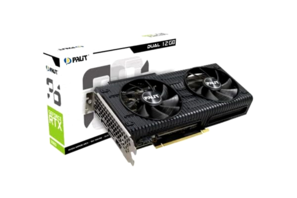 Palit  GeForce RTX 3060 Dual 12 GB GDDR6-grafikkort, 3584 Core, 1320 MHz GPU, 1777 MHz Boost, Ampere arkitektur, 3 x DisplayPort, HDMI, dubbla fläktar med 0-dB-teknik