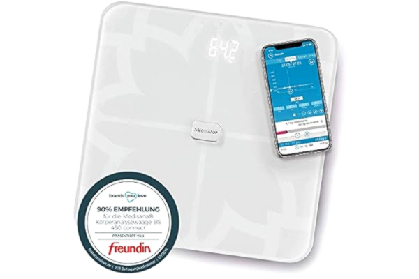 Medisana medisana BS 450 connect, digital body analysis scale 180 kg / 396 lbs white personal scale for measuring body fat, body water, muscle mass and bone weight, body fat scale with body analysis app