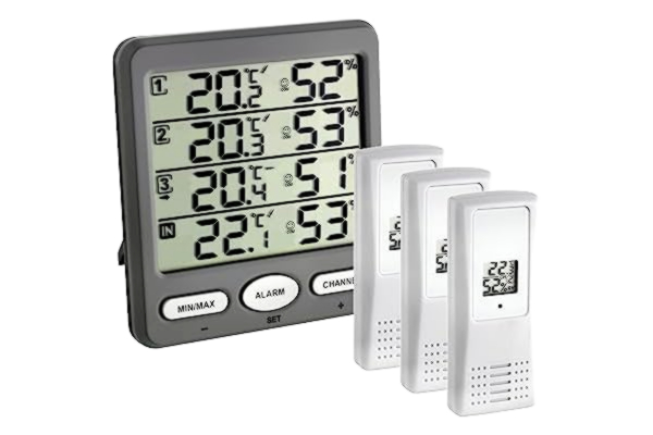 TFA  Dostmann trådlös termo-hygrometer ”KLIMA-MONITOR” med 3 sändare, 30.3054.10, idealisk för övervakning av rumsklimatet, larminställning, max-min-funktion, grå